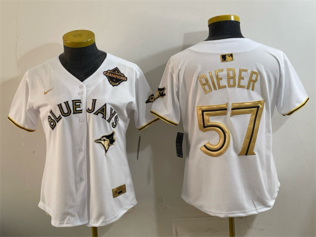 Youth Toronto Blue Jays #57 Shane Bieber White Gold 2025 American League Champions Limited Stitched Baseball Jersey